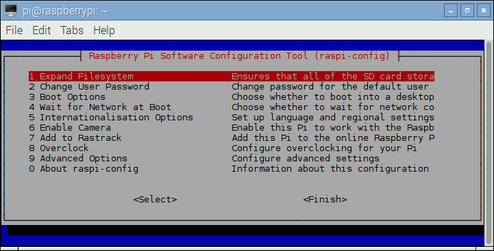 Tela Principal raspi-config