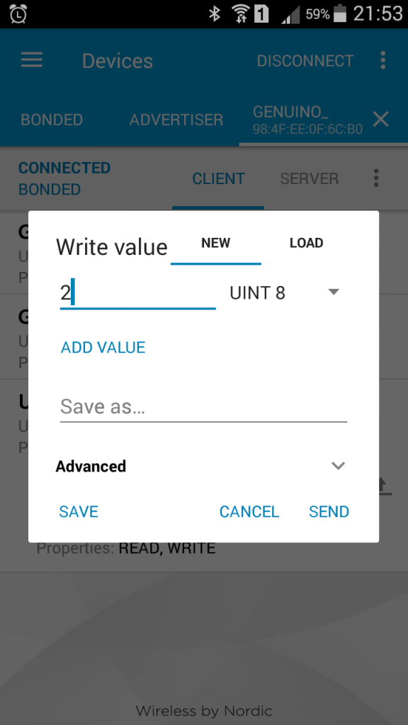 nRF Connect - Enviando valor